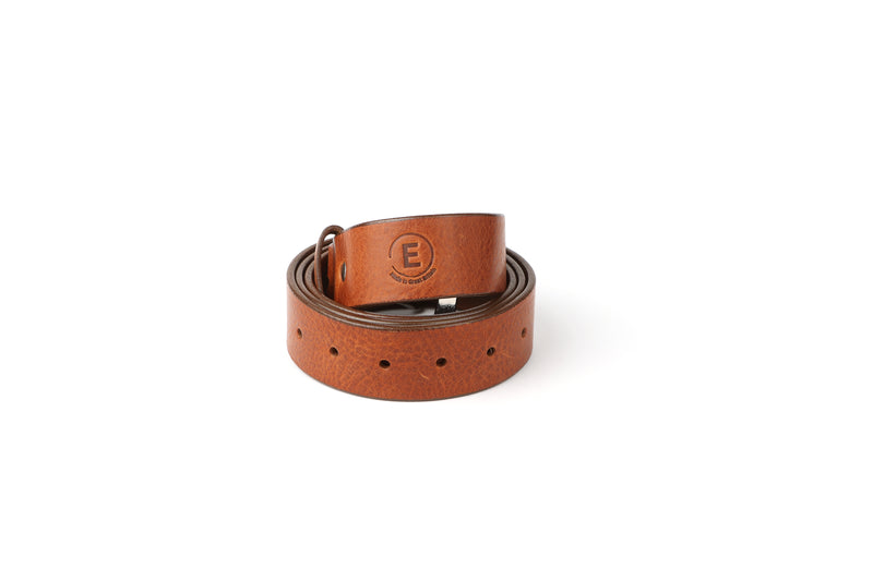 brand logo on brown leather belt