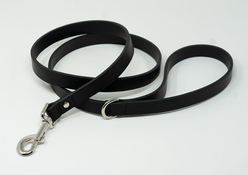 Black leather dog leash with a silver clip on a white background