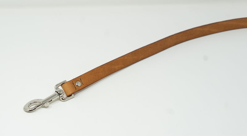 Tan leather dog leash with silver clasp on a white background