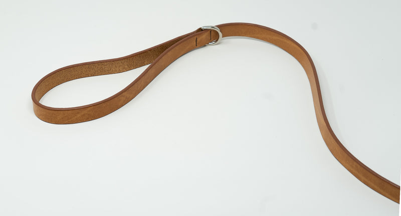 Tan leather dog leash on a white background