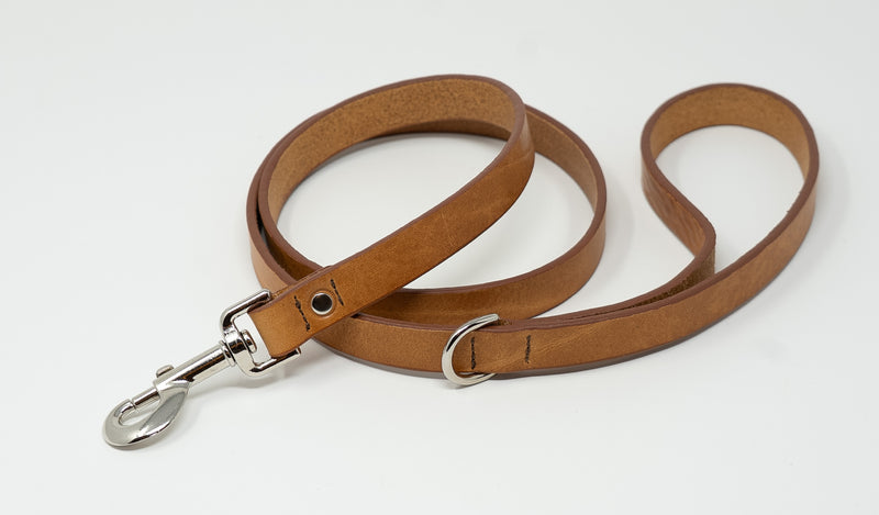 Tan leather dog leash with silver clasp on a white background