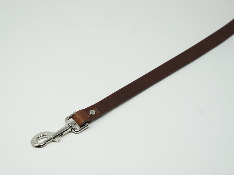 Dark Brown leather dog leash with metal clip on a white background