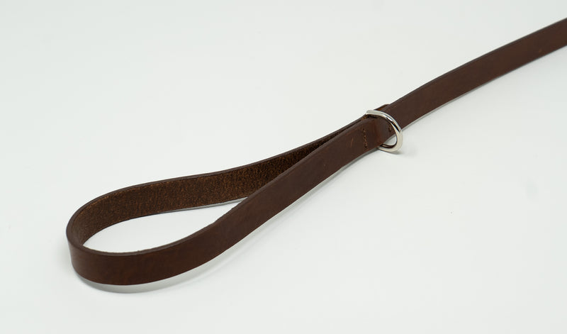 Dark Brown leather strap with a metal buckle on a white background