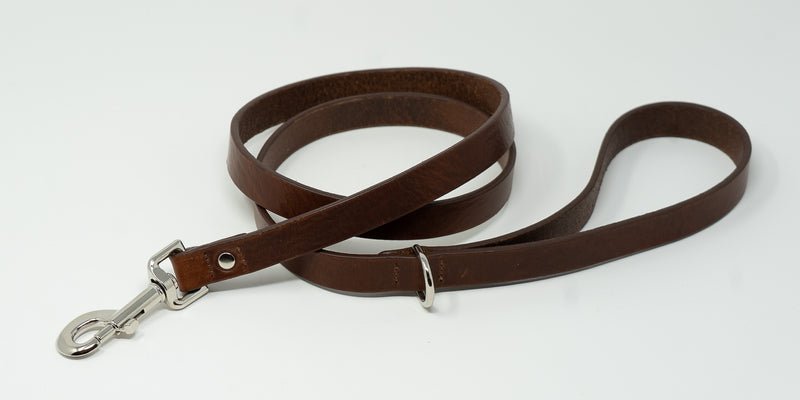 Dark Brown leather dog leash with silver clip on a white background