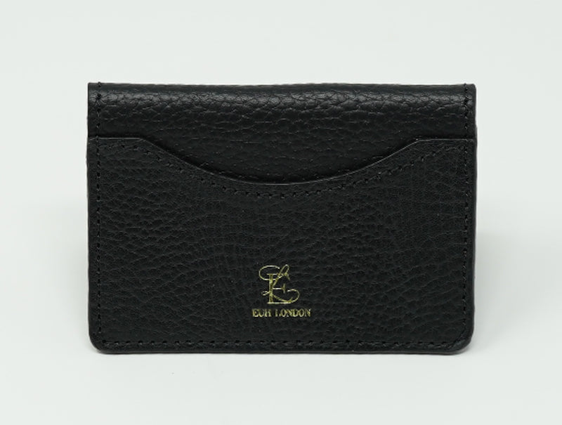 Black leather cardholder with gold logo on a white background