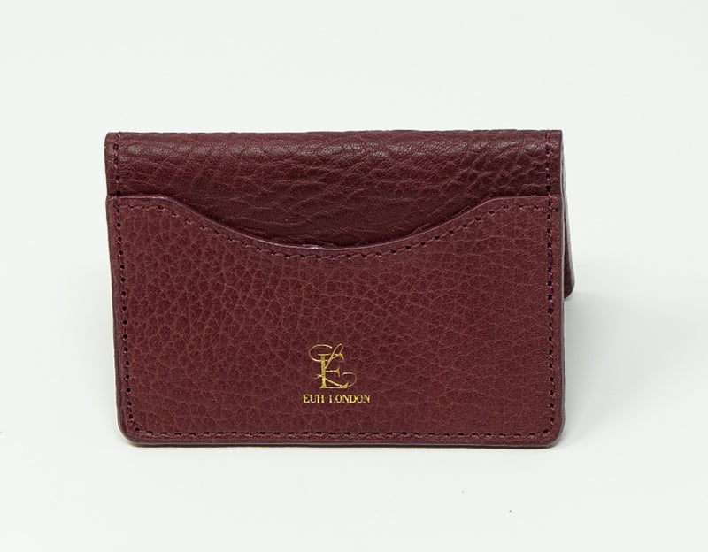 Burgundy leather cardholder with Brand logo on a white background