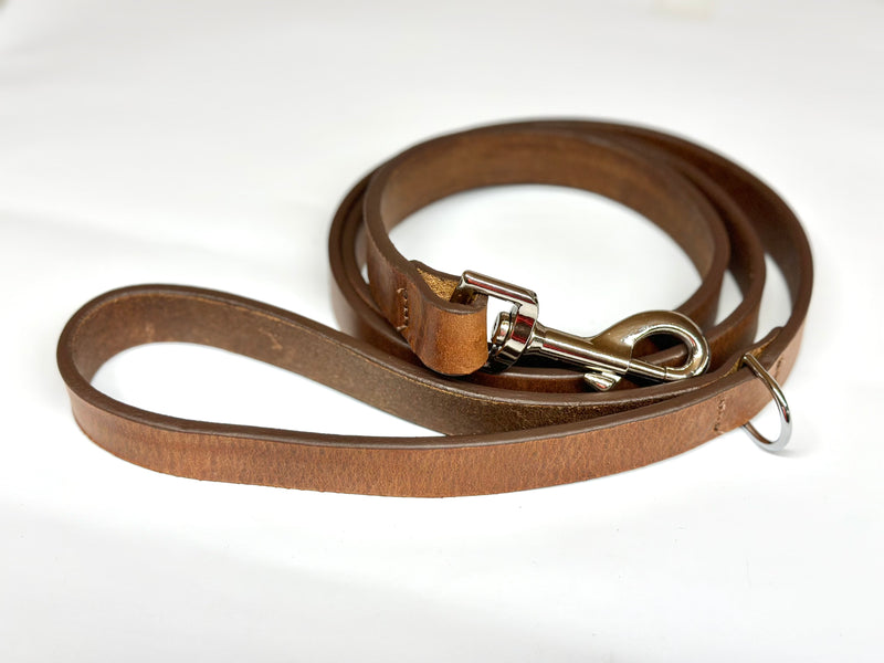Leather dog lead in nickel clip.