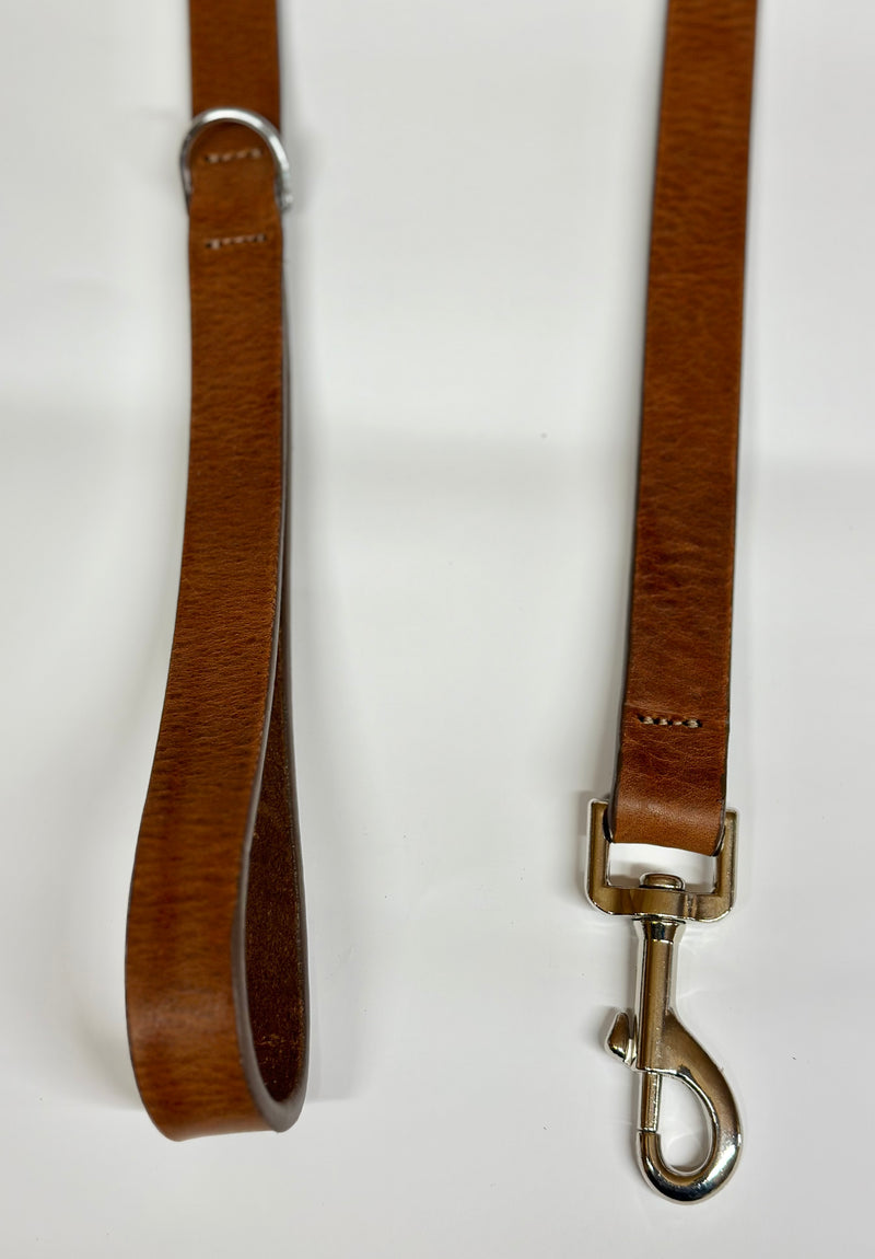 Dark Brown leather dog lead with nickel clip.