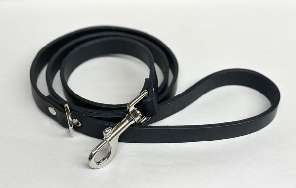 Black leather dog lead with nickel clip.