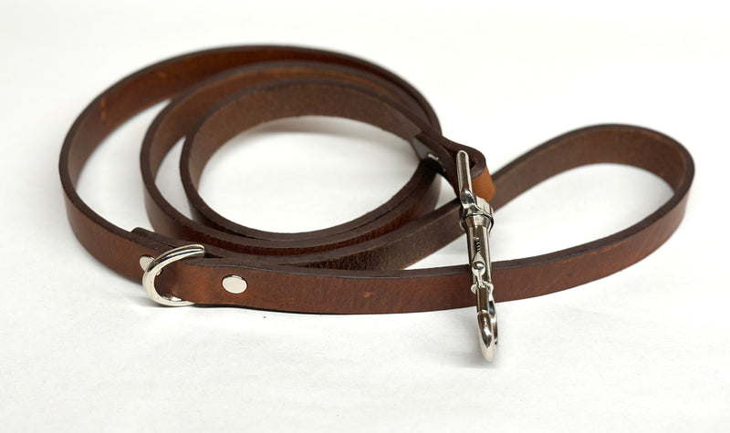 Dark Brown leather dog lead with nickel clip.