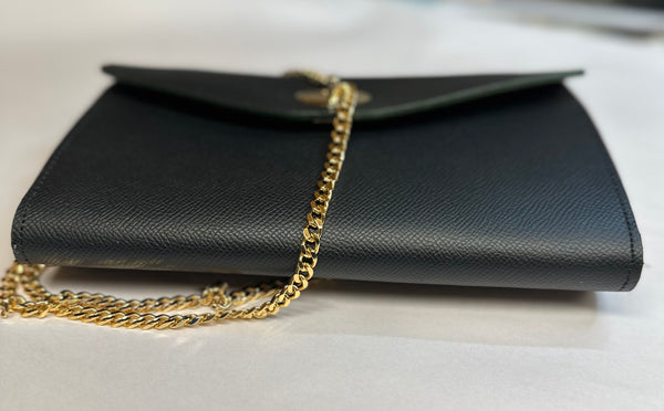 zaffiamo leather clutch pouch with gold chain strap
