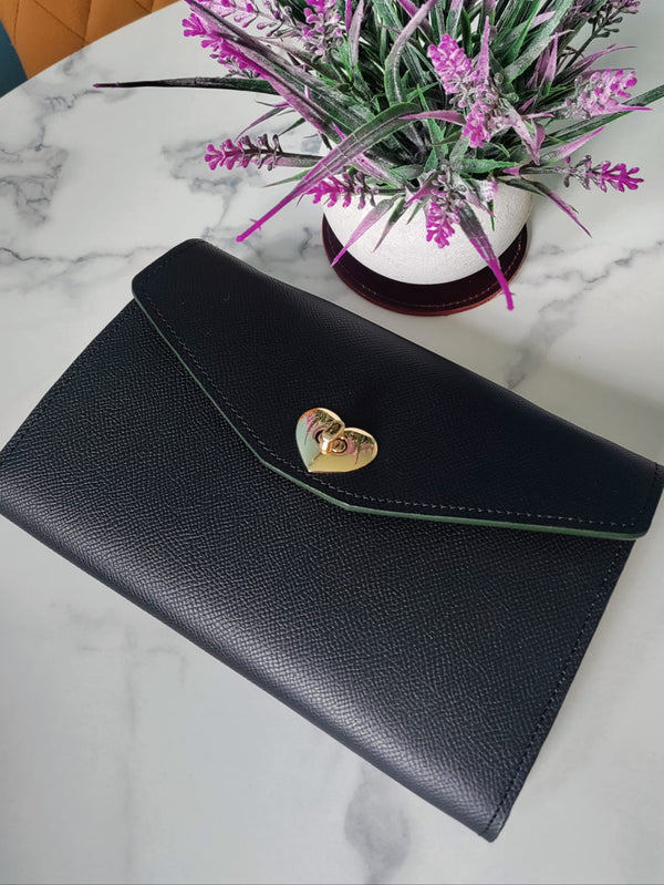 saffiano leather clutch pouch with gold heart twist lock