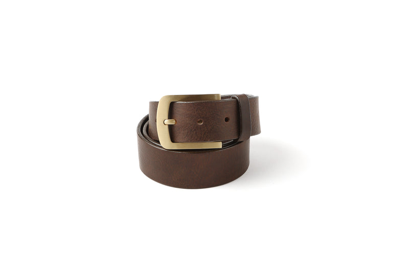 Dark brown leather belt with brass buckle