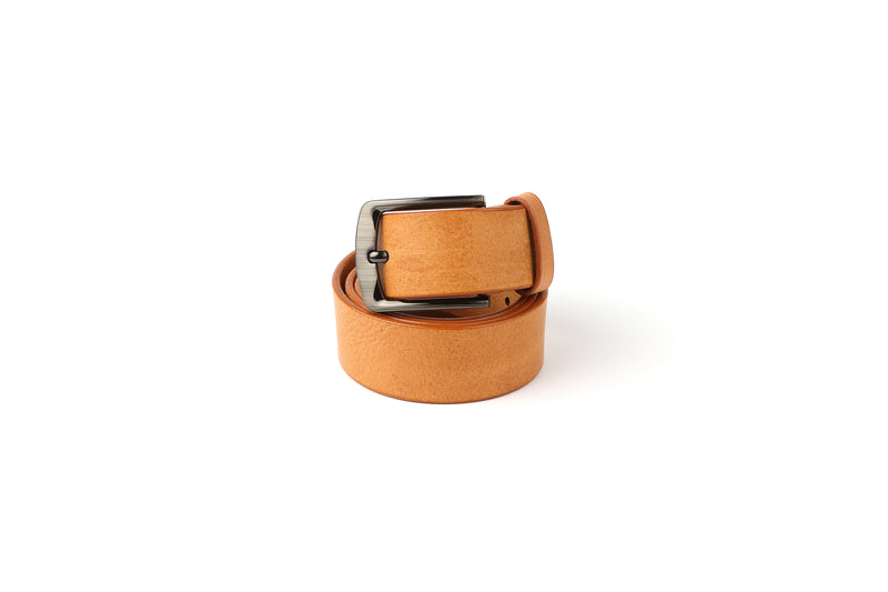tan leather belt with nickel buckle
